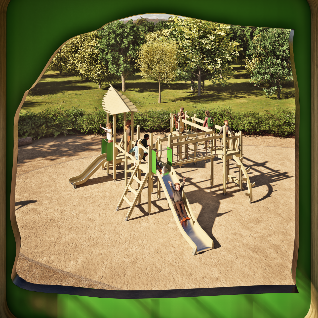 Klettern, rutschen, schaukeln und entdecken – eingebettet in eine Welt aus Holz und Grün.